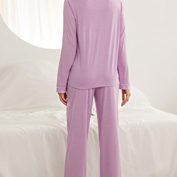 Contrast Piping Button Down Top and Pants Women's Loungewear Set - Picture 2 of 7